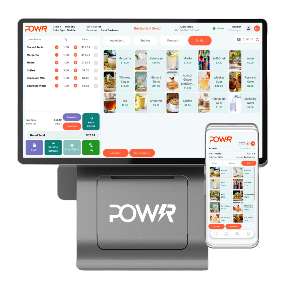 modern POS tablet interface with custom branding, restaurant ordering screen, clean UI design